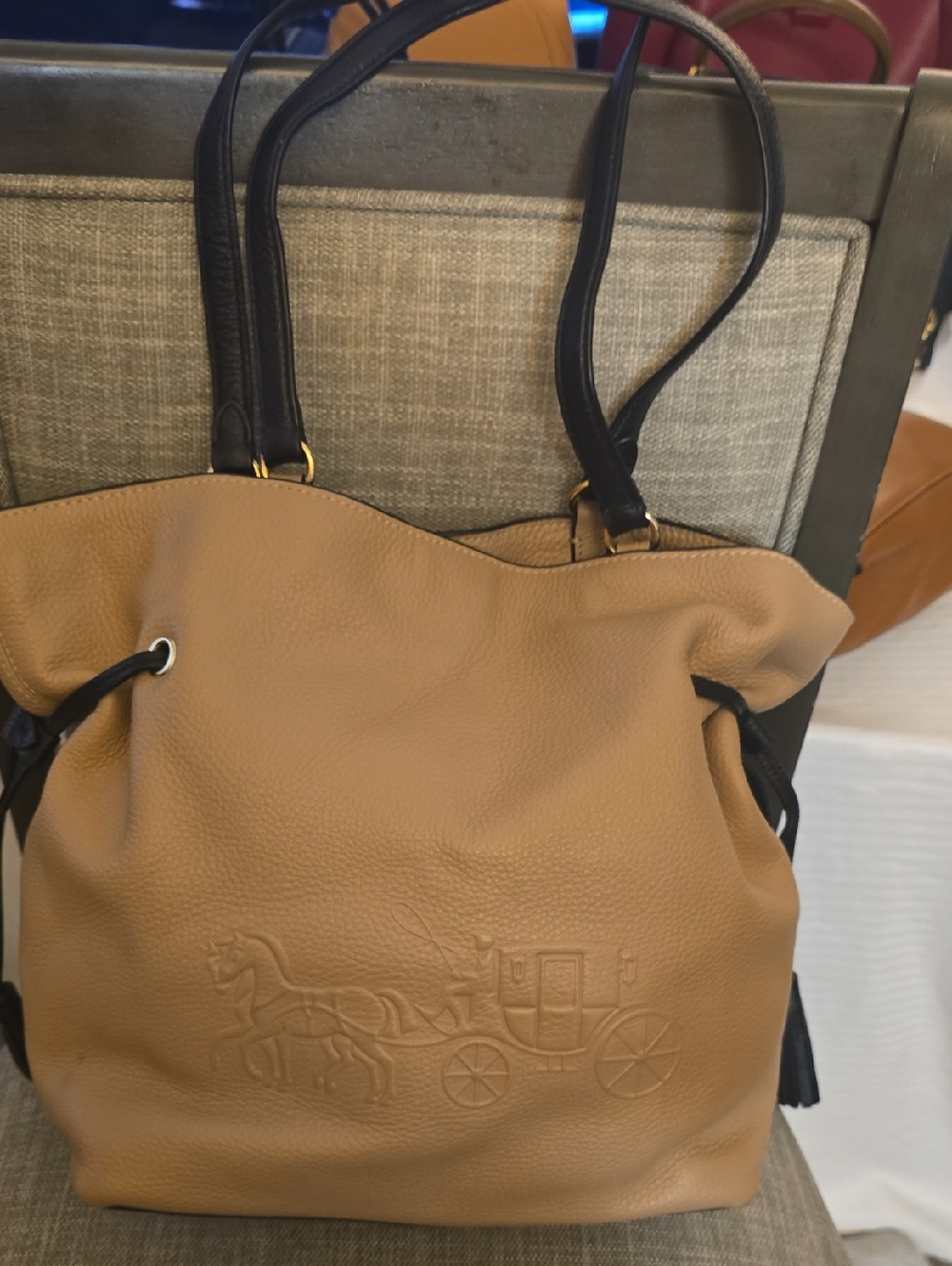 #31 Coach Pebbled Leather Shoulder Tote in Camel with Black Strap